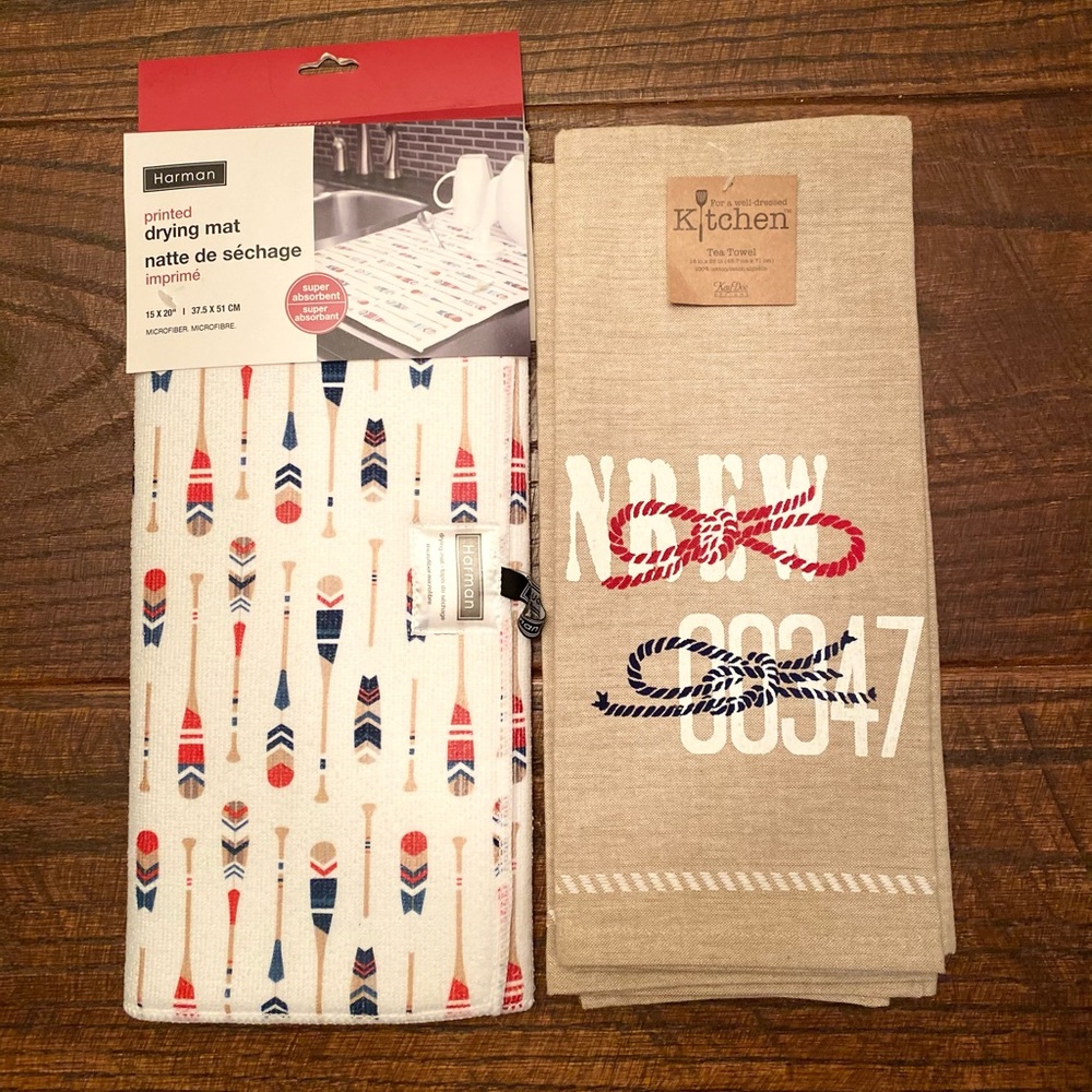 Oars & Paddle Dish Drying Mat & Rowing Kitchen Tea Towels Set, Nautical Ropes